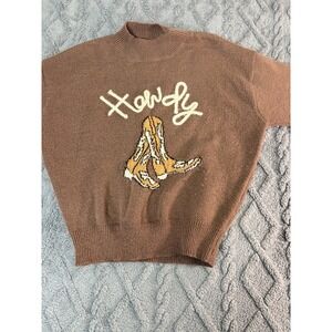 LE LIS Embroidered Howdy Cowboy Boots Western Sweater S Brown Mock Neck Boho
